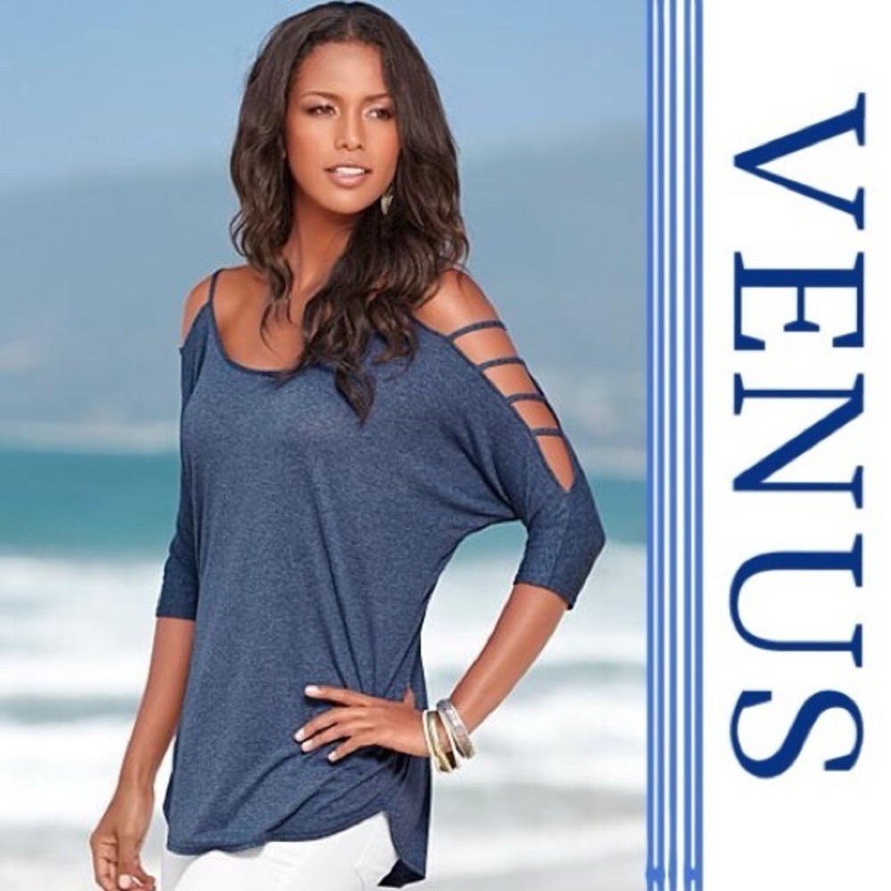 VENUS Heather Blue cold Shoulder Long Sleeve Top